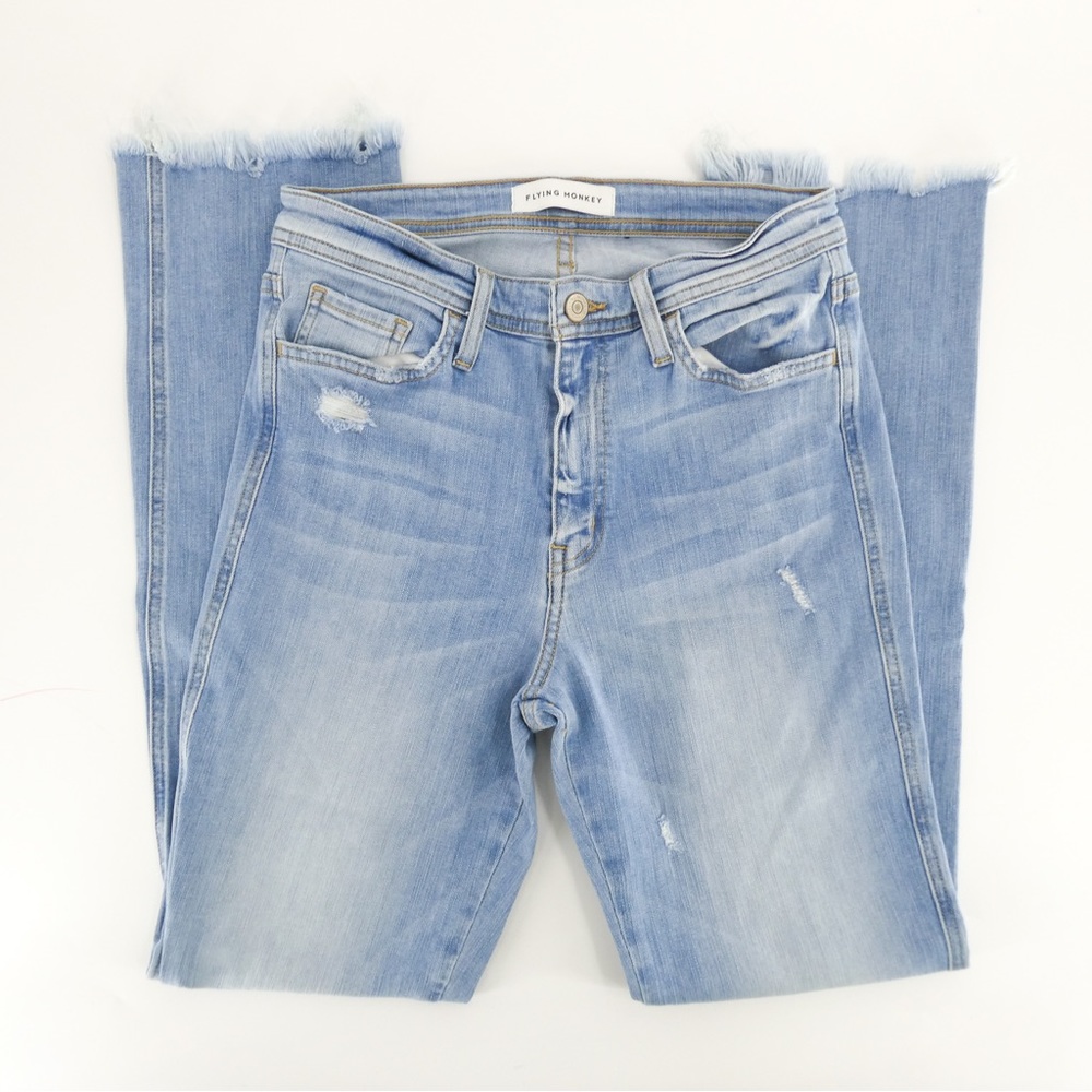 Flying Monkey | Women’s Medium Rise Distressed Straight Leg Jeans, Blue, 27